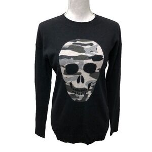 Aqua Cashmere Sweater Jumper Womens Small Black Skull Print Camo Crew‎ Neck Goth